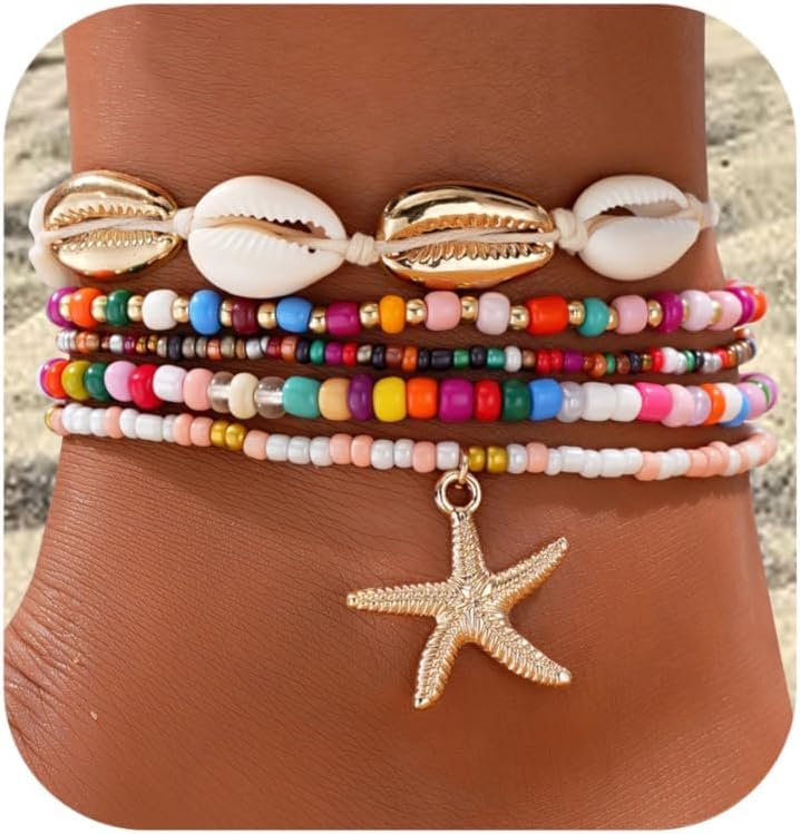 Shall Shell Boho Shell Ankle Bracelet Set for Women, 5 Pairs 14K Boho Bead Handmade Adjustable Anklet, Hawaiian Beach Seashell Starfish Foot Jewelry Gifts - Image 1